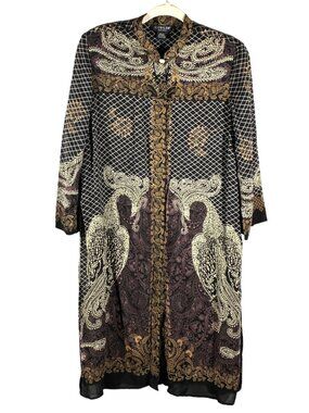 Citron Santa Monica Black Gold Silk Blend beaded peacock dress or long tunic art